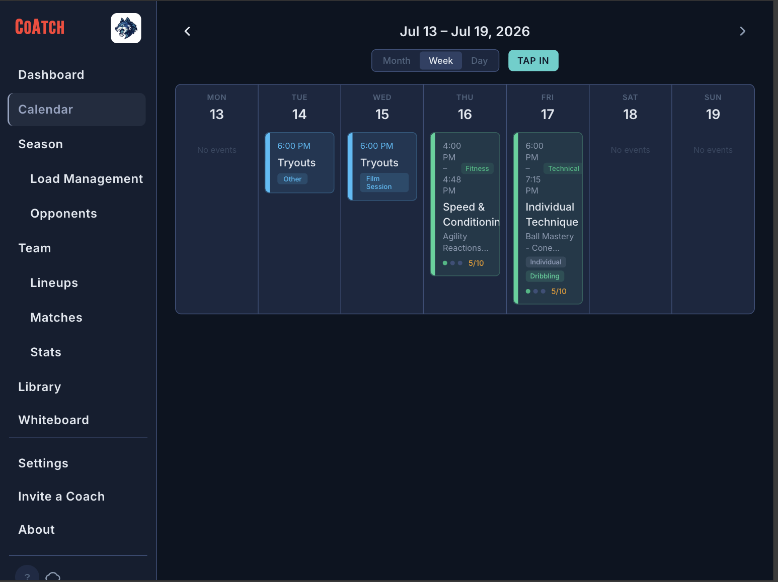 CoAtch calendar view on desktop