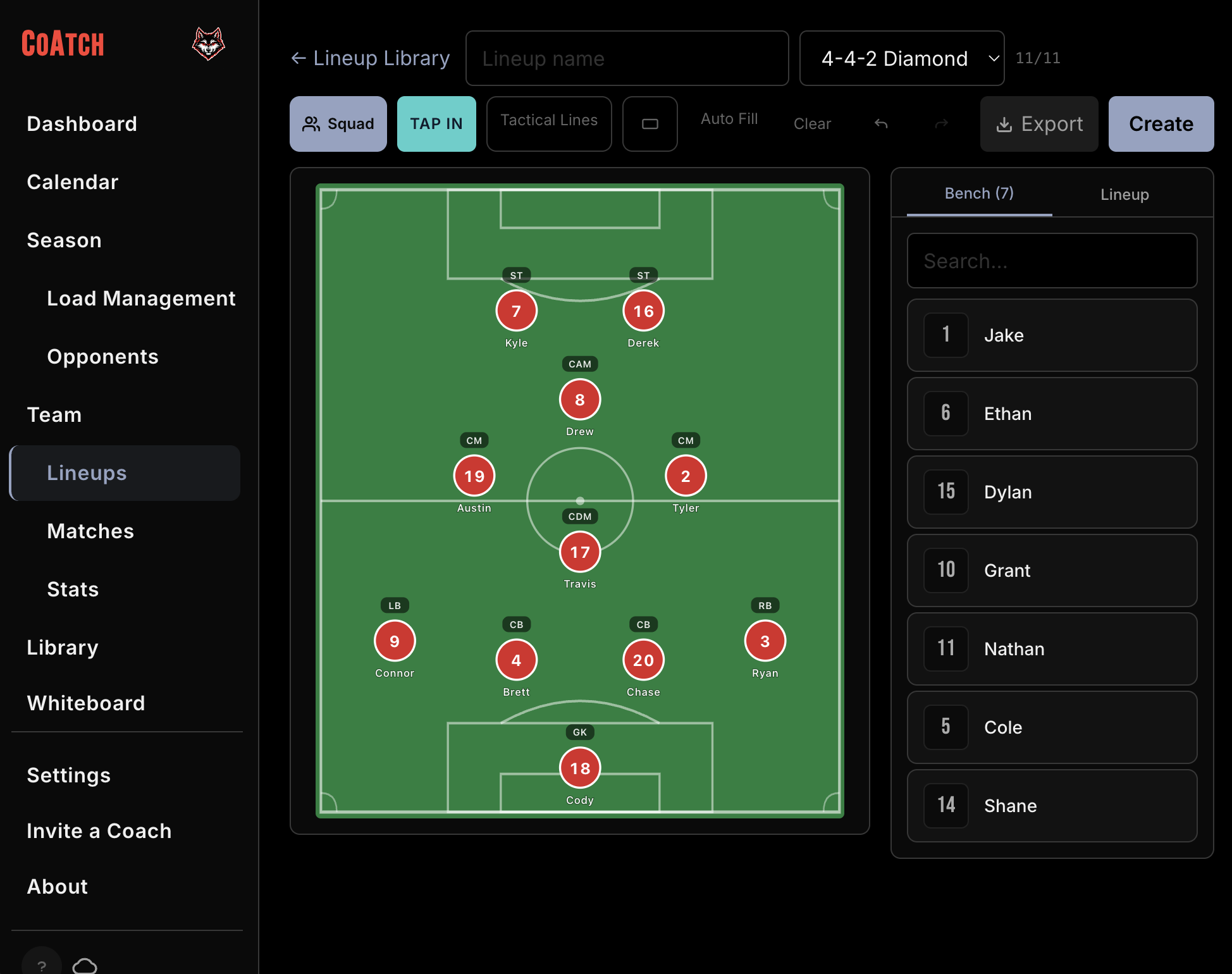 CoAtch team roster on tablet