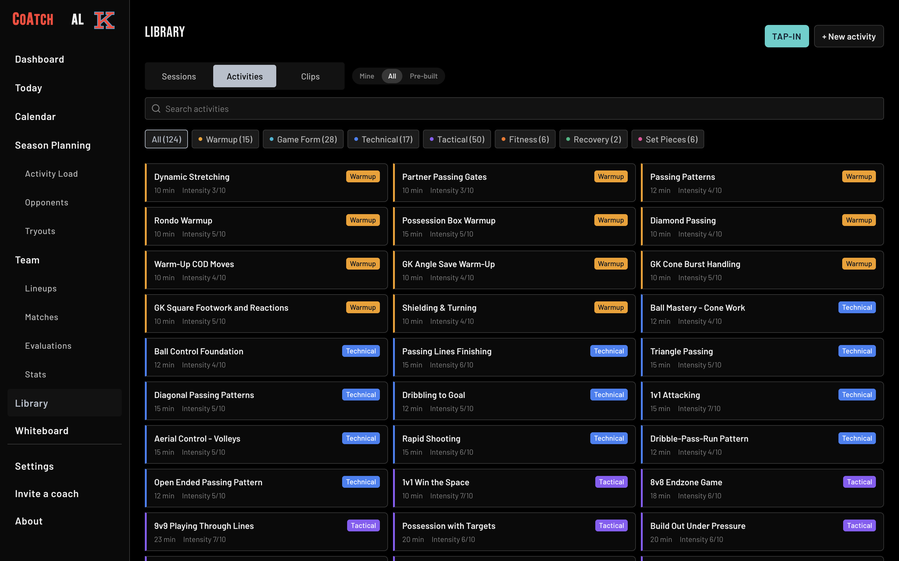 The CoAtch activity library sorted by category